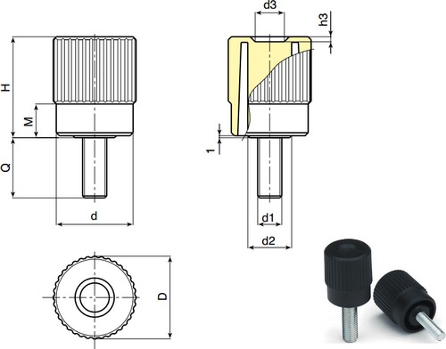 Knurled control knob with threaded stud